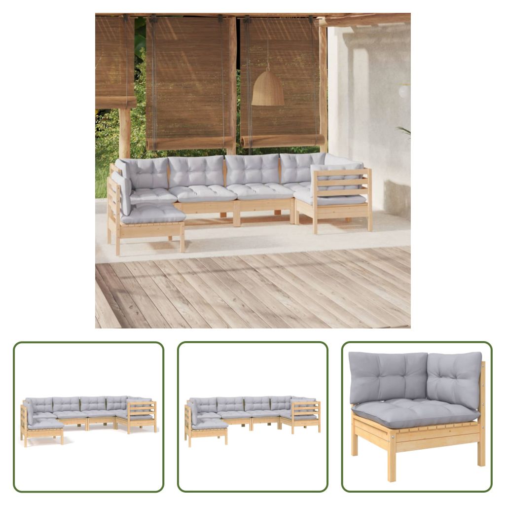The Living Store 6-tlg. Garten-Lounge-Set mit Grauen Kissen Kiefernholz