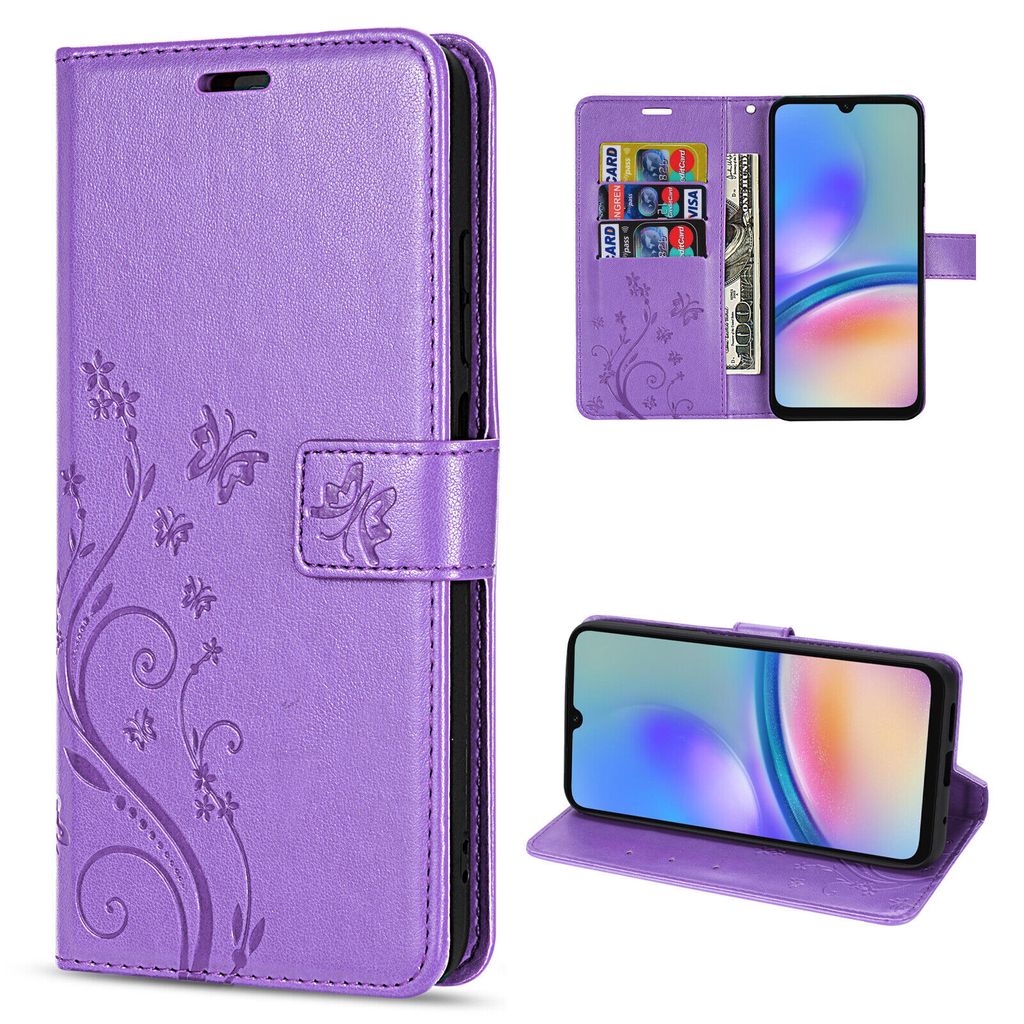 Collage of a purple flip phone case with a floral design, showing the case closed, open with cards inserted, and the phone inside.