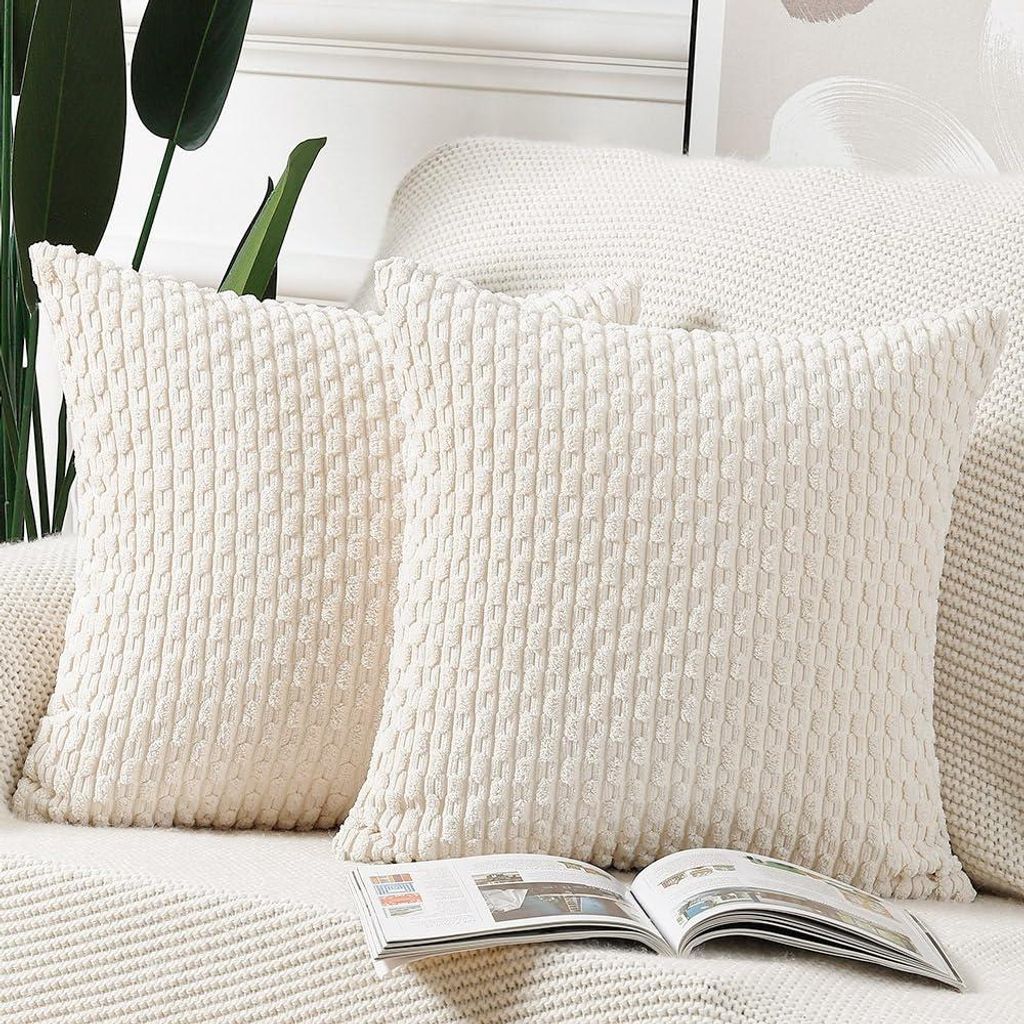 Set mit 2 gestreiften Boho-Kissenbezügen, weiche Cord-Dekokissenbezüge für Schlafzimmer und Sofa, cremeweiß, 60 x 60 cm