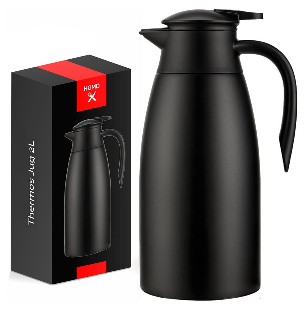 HGMD Thermoskanne - 2 Liter - Isolierkanne - Schwarz - Kaffee - Tee - Für heiße und kalte Getränke