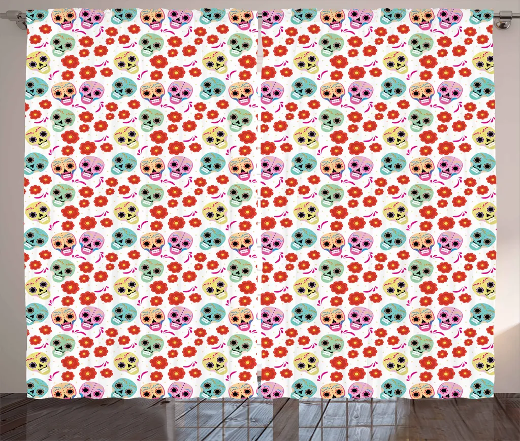 ABAKUHAUS Tenda rustica con teschi di zucchero, Giorno dei Morti, tenda con passanti e ganci per camera da letto, 280 x 175 cm, multicolore