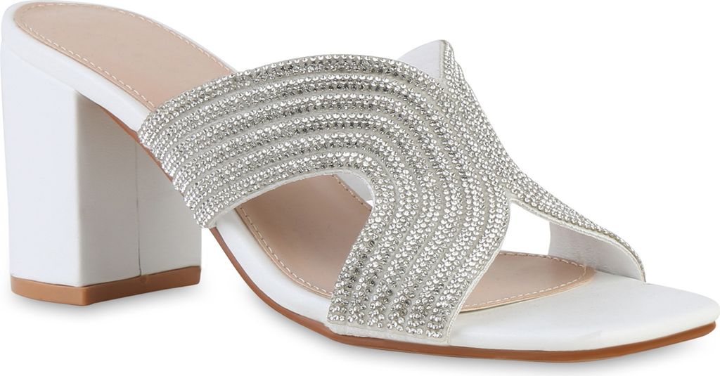 VAN HILL Damen Pantoletten Sandaletten Elegant Strass Party Cut-Outs Schuhe 841386, Farbe: Weiß, Größe: 38