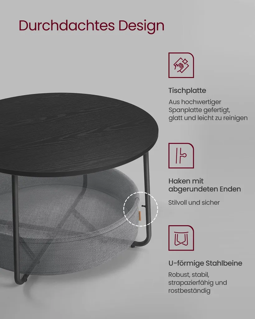 Table basse avec panier tissu noir et gris ardoise modèle compact