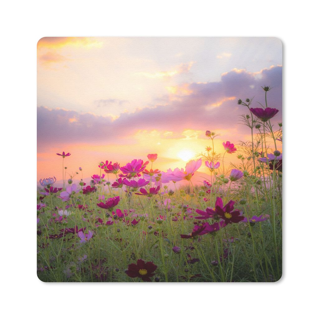 MuchoWow Mauspad Mousepad Blumen - Rosa - Sonnenuntergang - Natur - Wiese - Horizont 20x20 cm - Mousepads - Maus Mat - Pad - Mausunterlage - Desk...