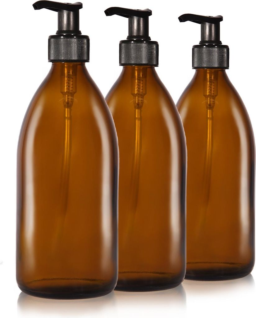 Oputec 3 x 500 ml Seifenspender aus Glas – Shampoo-Flaschen zum Befüllen, Duschgel-Spender, Pumpspender aus Braunglas – Küche und Badezimmer