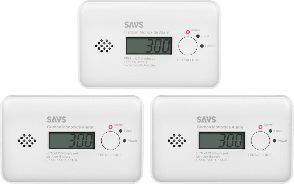 SAVS C10 Kohlenmonoxidmelder 3 Stück - 10 Jahre Batterie - LCD-Display - 10 Jahre Figaro -Sensor - Entspricht der europäischen Norm