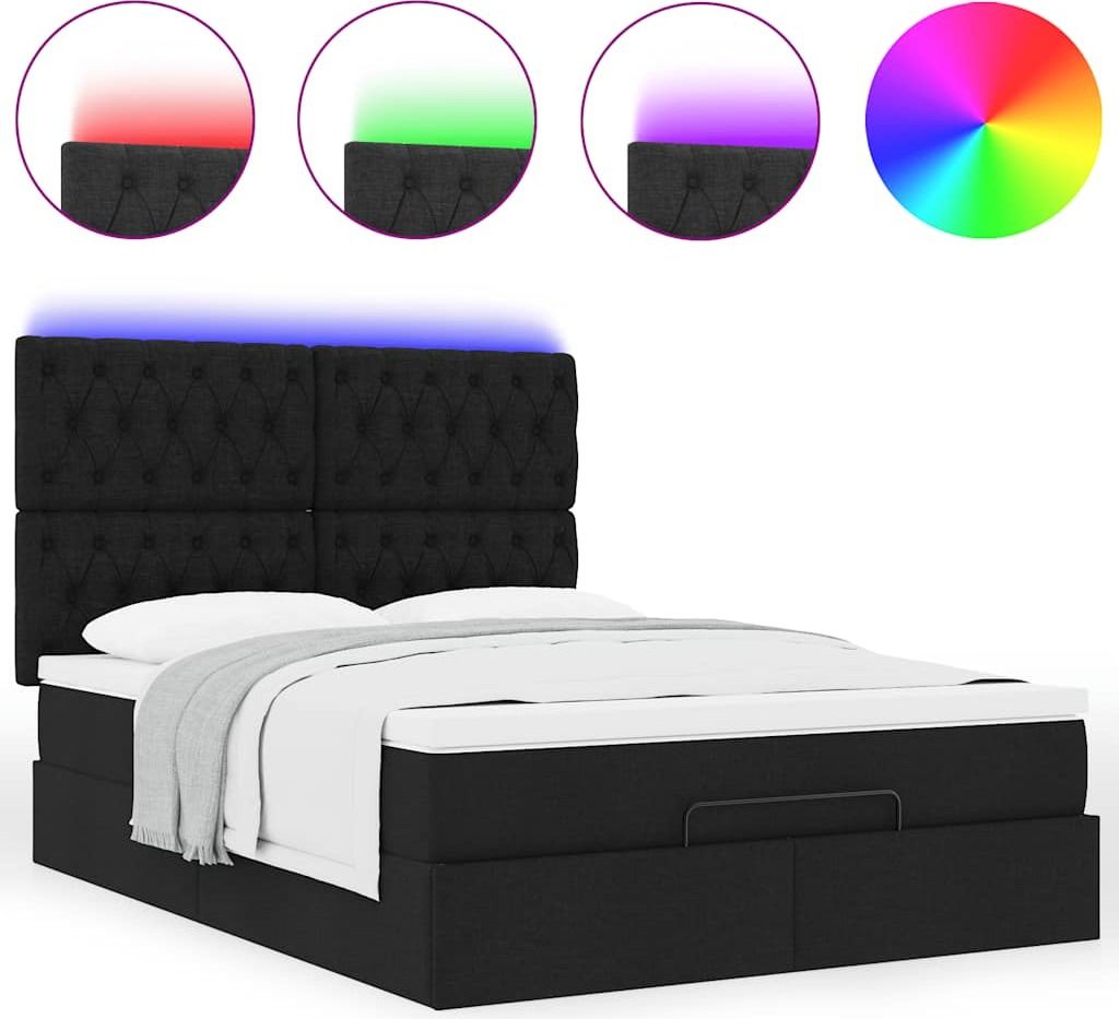 Ottoman-Bett mit Matratze & LEDs Schwarz 140x200 cm Stoff