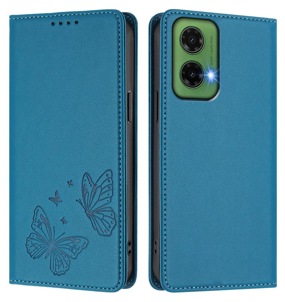 Lederhülle für Motorola Moto G35, Schmetterling Prägung Leder Brieftasche Schutzhülle mit Ständer Blau