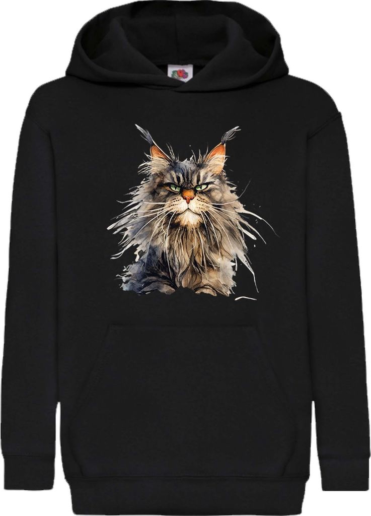 Kinder Kapuzenpullover Funny Cats Breeds Maine Coon Cat 023, 9-11 Jahr - 140 / Schwarz