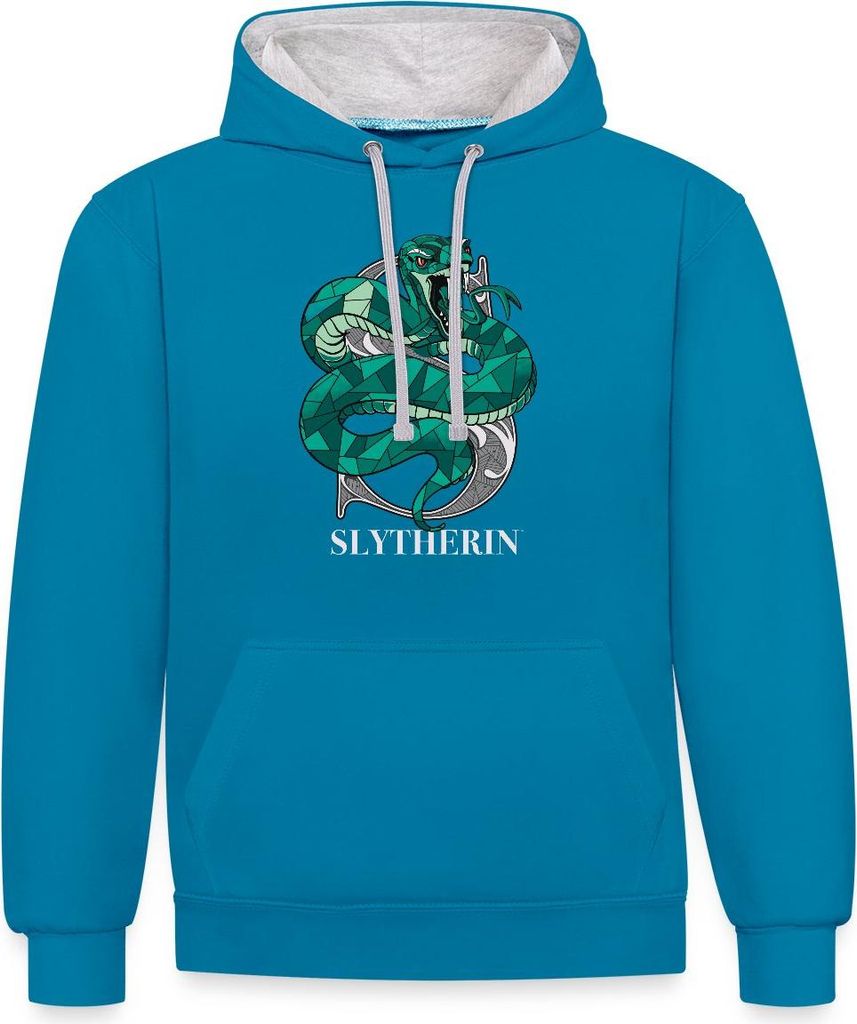 Spreadshirt Harry Potter Slytherin Wappen Monochrom Uni Kontrast Hoodie, XL, Pfauenblau/Grau meliert