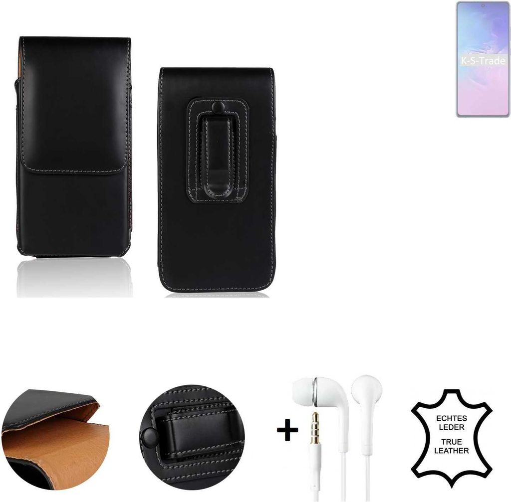 K-S-Trade Leder Gürteltasche + Kopfhörer kompatibel mit Samsung Galaxy Note 10 Lite Seitentasche Belt pouch Holster Handyhülle Schutz Hülle Etui