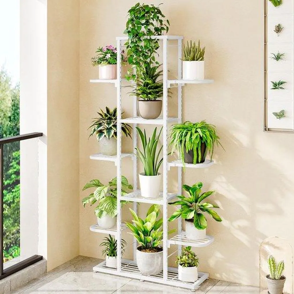 Support plantes multicouche en métal blanc, 7 plateaux pour jardin