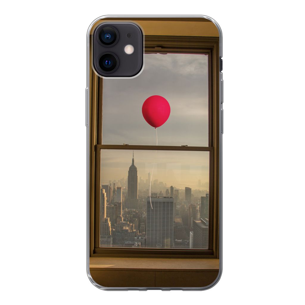 MuchoWow Handyhülle Schutzhülle Hülle für iPhone 12 mini Roter Ballon fliegt an Fenster in New York vorbei Silikon Softcase Handy Hülle - Bild