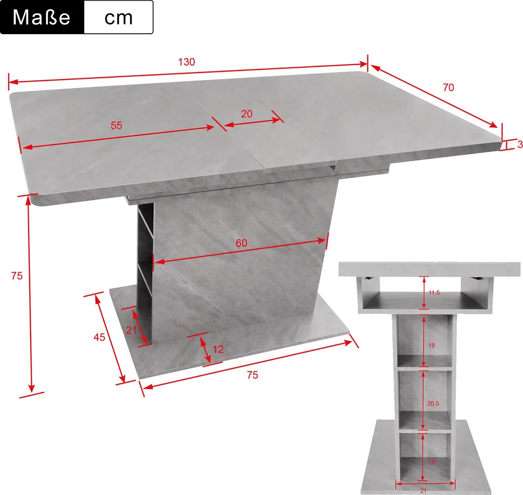 Table rectangulaire grise extensible 130 cm avec structure métal