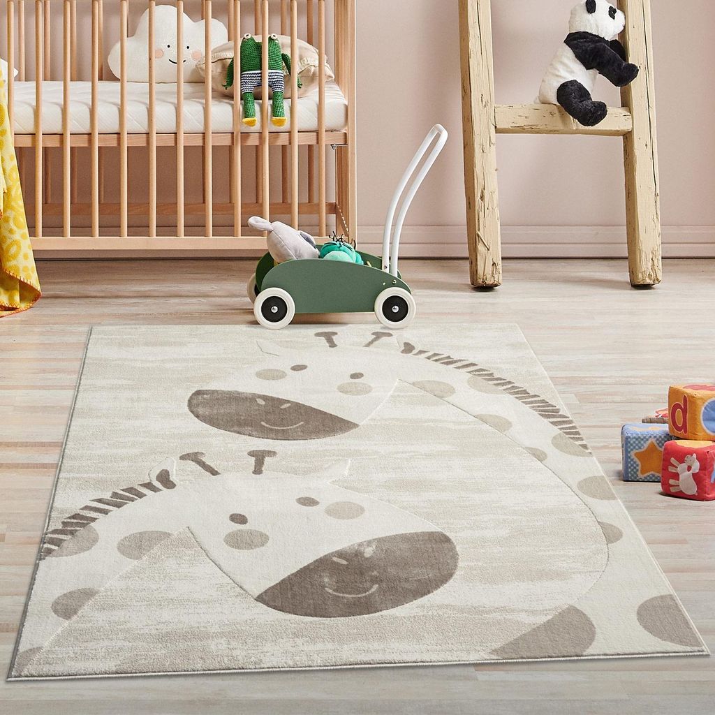 Kinderteppich Creme, Beige - 120x160 cm - Tier-Muster Giraffen - Kinderzimmerteppiche