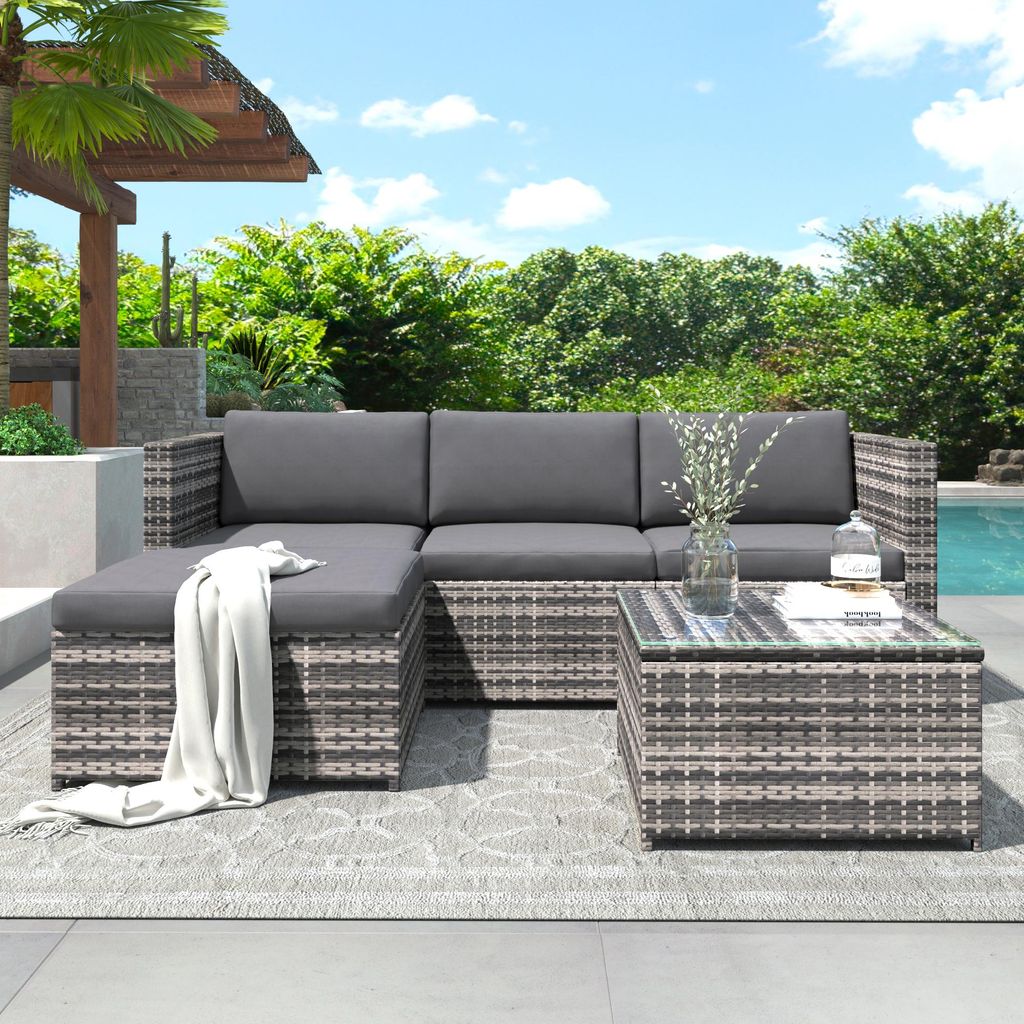 Terrassenmöbel-Set, Garten-Lounge-Sets mit Sitz- und Rückenkissen, Lounge-Tisch mit Glasplatte, Sofa-Set für Balkon, Garten und Terrasse, grau