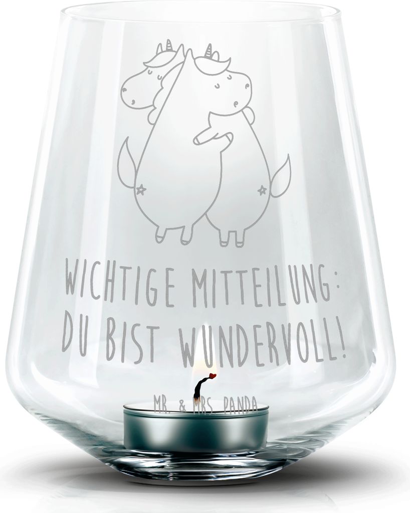 Mr. & Mrs. Panda Laterne Einhorn Mitteilung - Transparent - Geschenk, gravur glas, Einhörner, Valentinstag, Kerzenhalter, Spruch, Liebe, Windlicht...