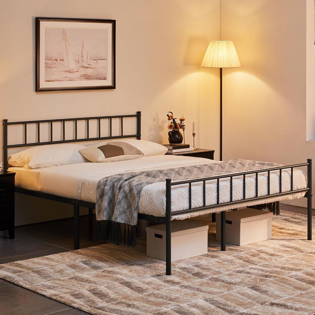 Metallbett, Bettgestell mit Kopfteil, Bettgestell aus Metall, mit Lattenrost, für Schlafzimmer, Gästezimmer, schwarz