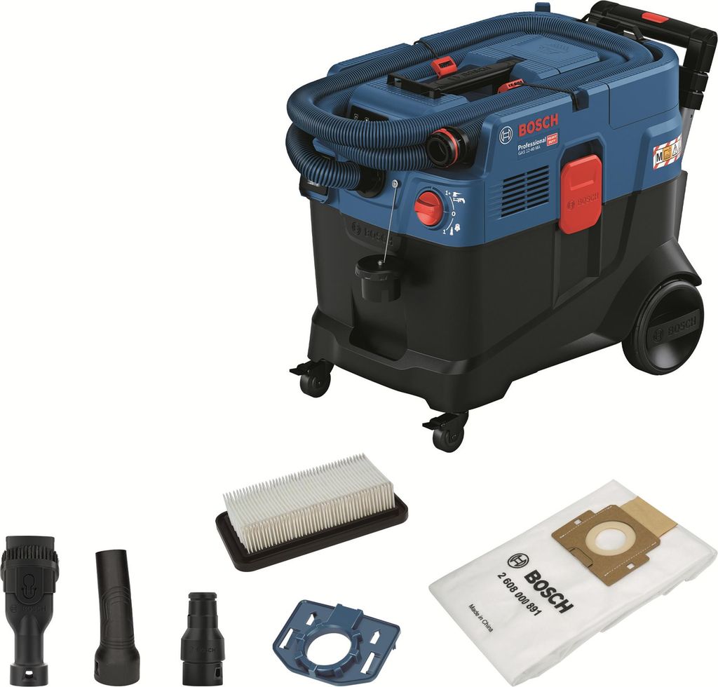 A Bosch wet/dry vacuum cleaner and its accessories are displayed against a white background.