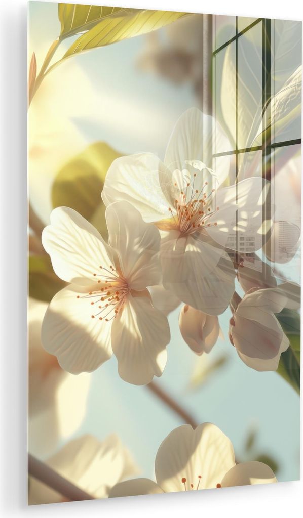 MuchoWow Glasbilder - Bilder auf Wandbild - Foto auf Glas Blüten - Weiß - Sonnenstrahlen - Blütenblätter 60x90 cm Wanddekoration aus Glas - Acr...