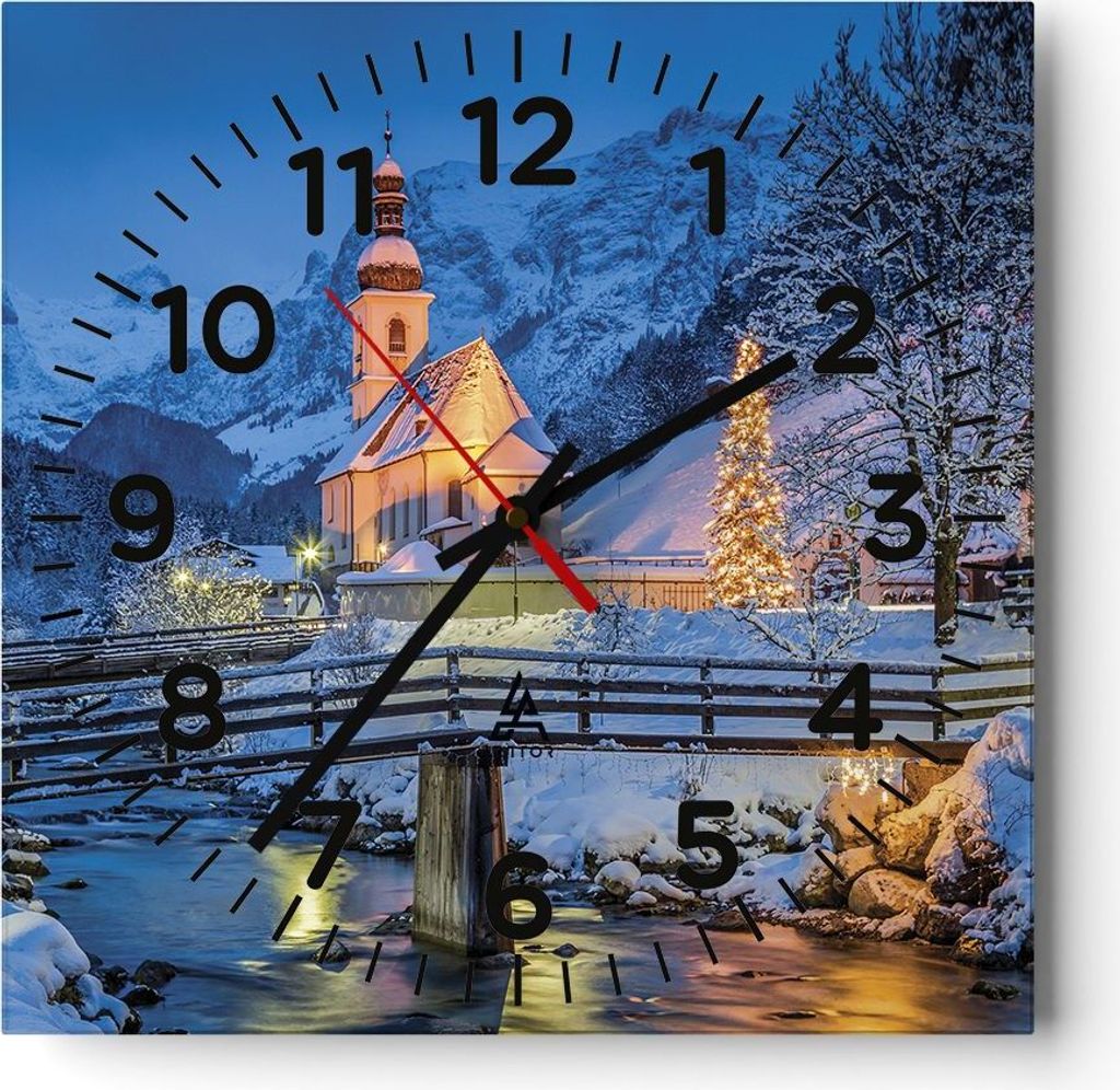 Wanduhr - Quadrat - Glasuhr - Festlich Kirche Schnee - 30x30cm - Schleichendes Uhrwerk - Lautlos - zum Aufhängen bereit - Dekoration Modern - Wand...