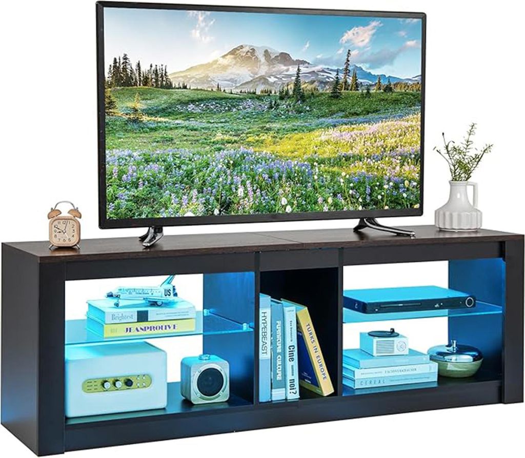 TV-Ständer mit LED-Lichtern, TV-Halterung für Fernseher bis zu 65 Zoll mit verstellbaren gehärteten Glasregalen & Fernbedienung, 140 x 35 x 47 cm