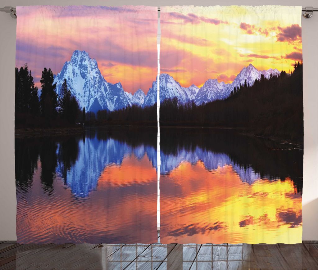 ABAKUHAUS Wyoming Rustikaler Gardine, Grand Tetons Blick bei Sonnenuntergang, Schlafzimmer Kräuselband Vorhang mit Schlaufen und Haken, 280 x 225 ...