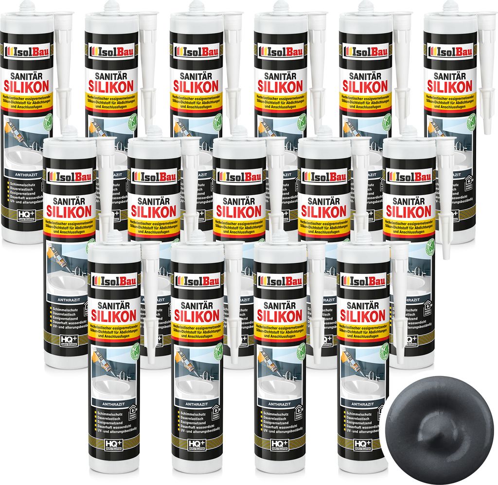 Isolbau Sanitär Silikon 15 x 300 ml Anthrazit - Hochelastischer Silikon-Dichtstoff für Abdichtungen & Fugen – Schimmelresistent, wasserdicht - ...