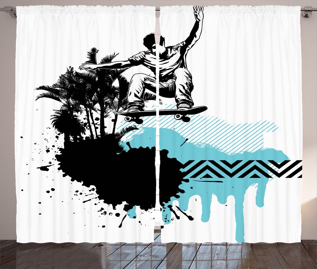 ABAKUHAUS Grunge Rustikaler Gardine, Junge Junge Skater Exotic, Schlafzimmer Kräuselband Vorhang mit Schlaufen und Haken, 280 x 175 cm, Schwarz Bl...