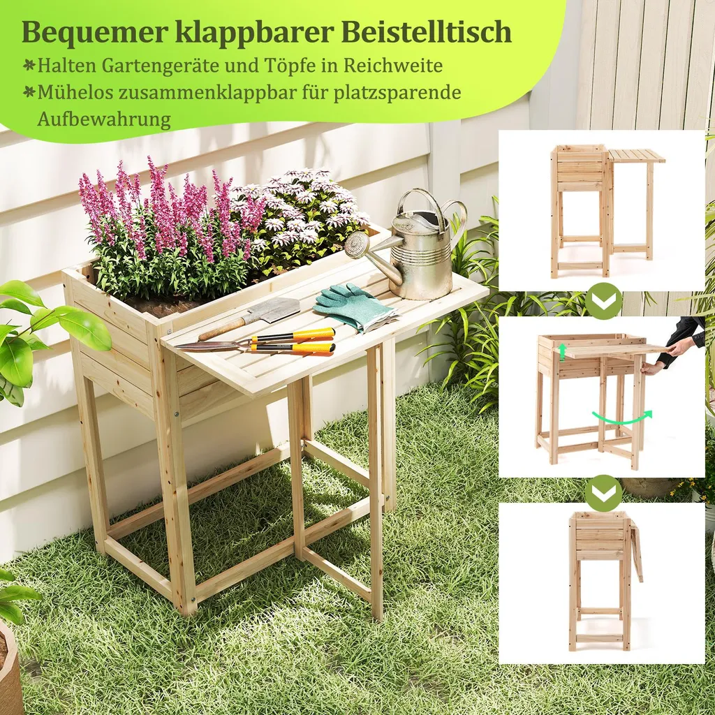 COSTWAY Bac à Fleurs Surélevé en Sapin avec Tablette Rabattable 63cm - 5