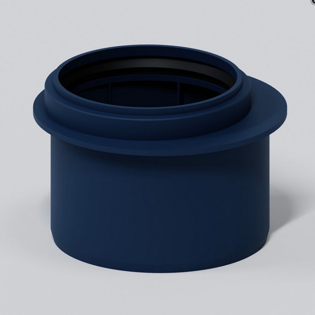 A 3D render of a dark blue pipe fitting on a light gray background.