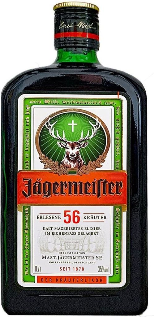 A bottle of Jägermeister herbal liqueur.