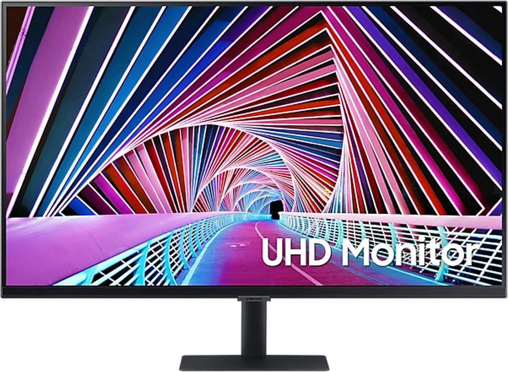 A Samsung UHD monitor is displayed front and center on a black stand, showcasing a vibrant, abstract image on its screen.