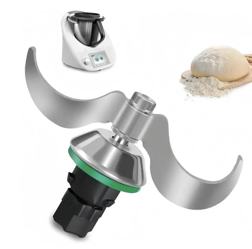 A collage of a food processor, its blade, and dough with flour.