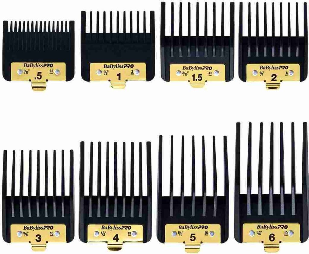 A set of eight black clipper guards with gold accents, arranged in two rows on a white background.