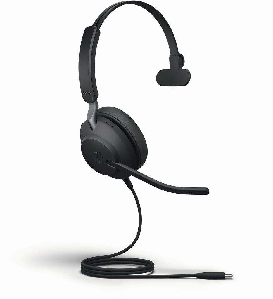 A black Jabra Evolve2 40 SE MS Mono headset is shown against a white background.