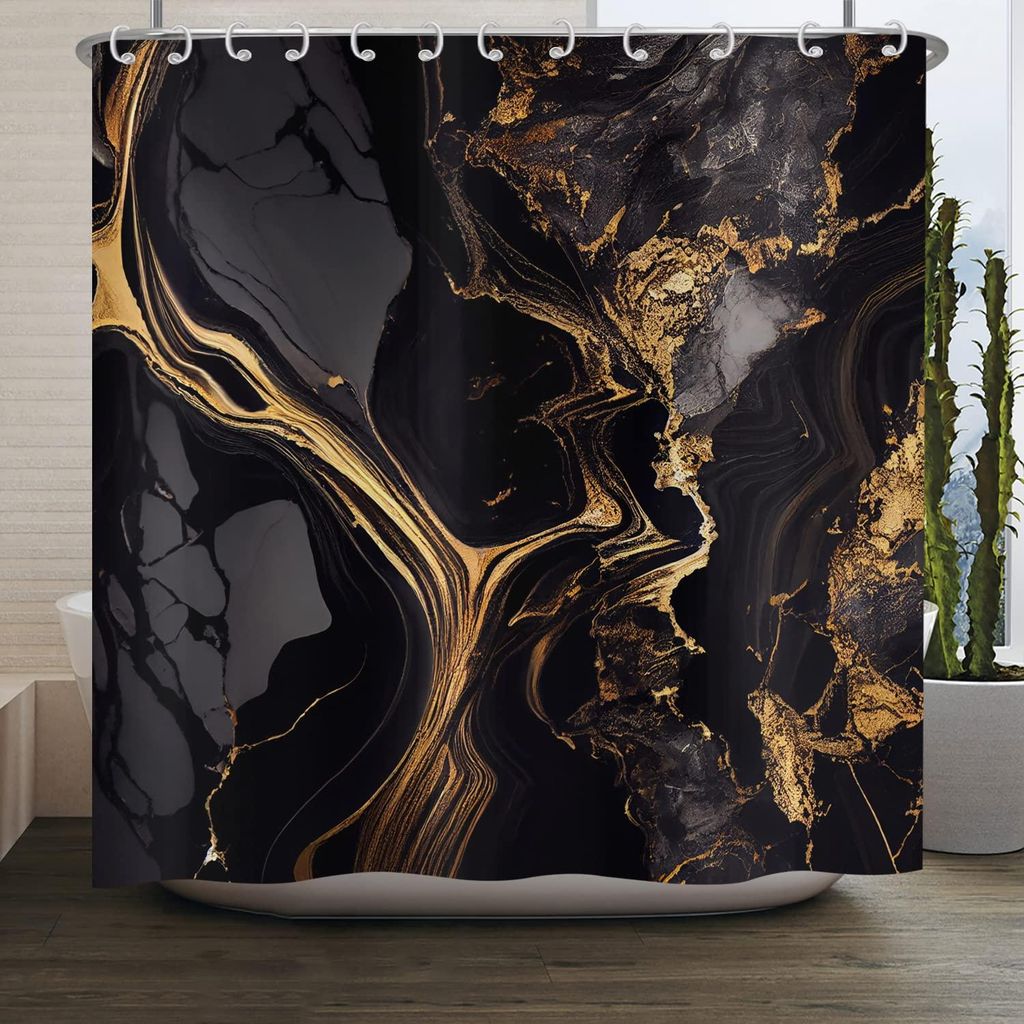 Duschvorhang in Marmoroptik, schwarz-gold, 180 x 200 cm, moderne abstrakte Marmoroptik in Schwarz-Gold, waschbar, Polyestergewebe, wasserdicht, Dus...