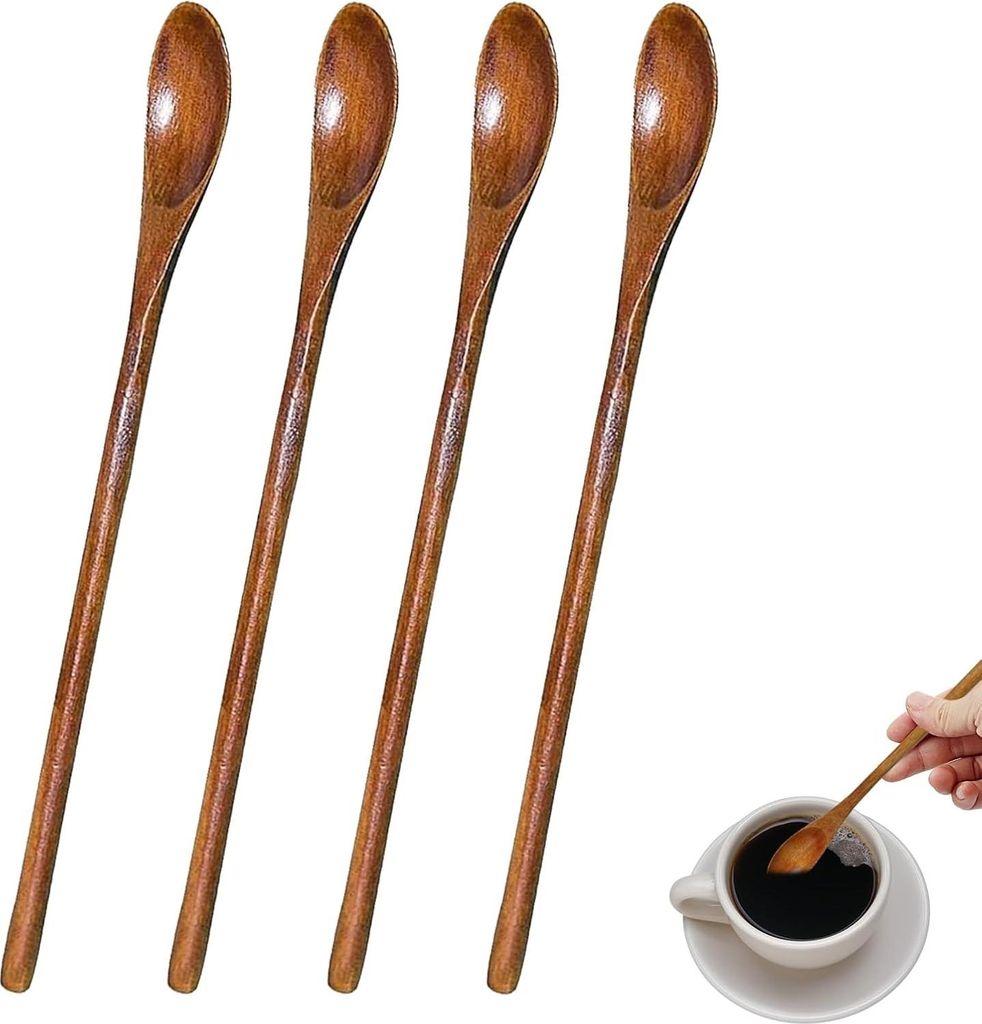 Natürliche Holztheelöffel - Set von 8 - Für Honig, Kaffee, Tee - Lange Griffe