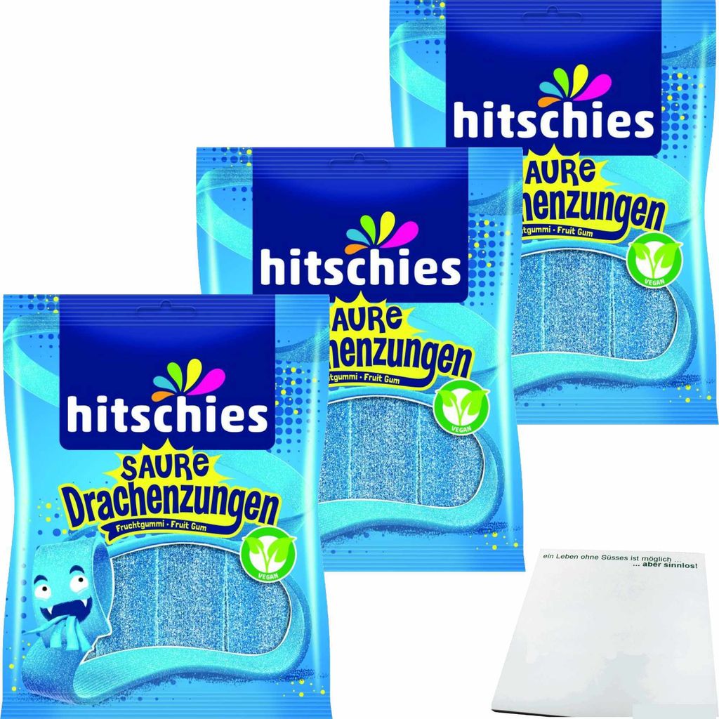 hitschies Saure Drachenzungen blau 3er Pack (3x125g Packung) + usy Block