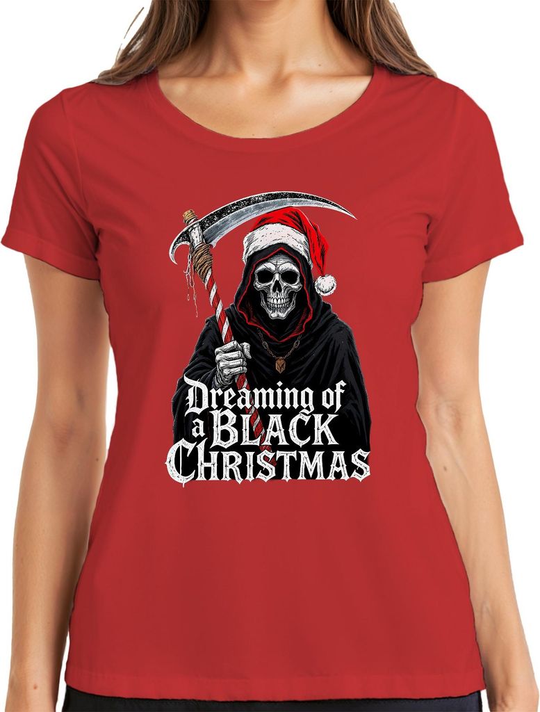 Dreaming of a Black Christmas Sensenmann Skelett düster Gothic Damen T-Shirt, Rot, XL
