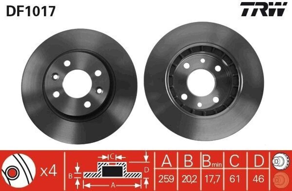 TRW DF1017 Bremsscheibe OE 7700715081 kompatibel mit Espace
