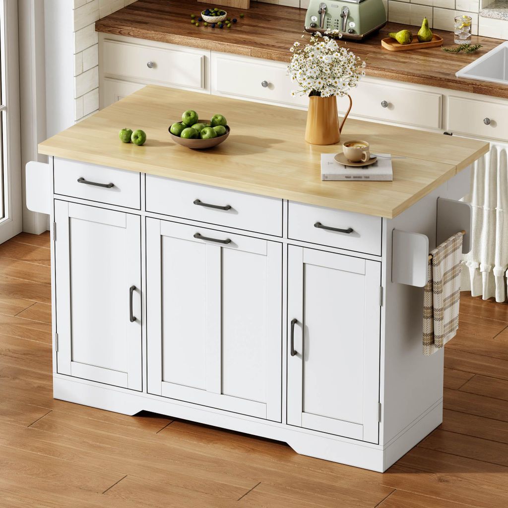 Flieks Mobile Kücheninsel mit klappbarer Arbeitsplatte, Küchenwagen mit Gewürzregal, Schublade und Rollen, Buffetschrank 120x45(70)x87 cm, Weiß