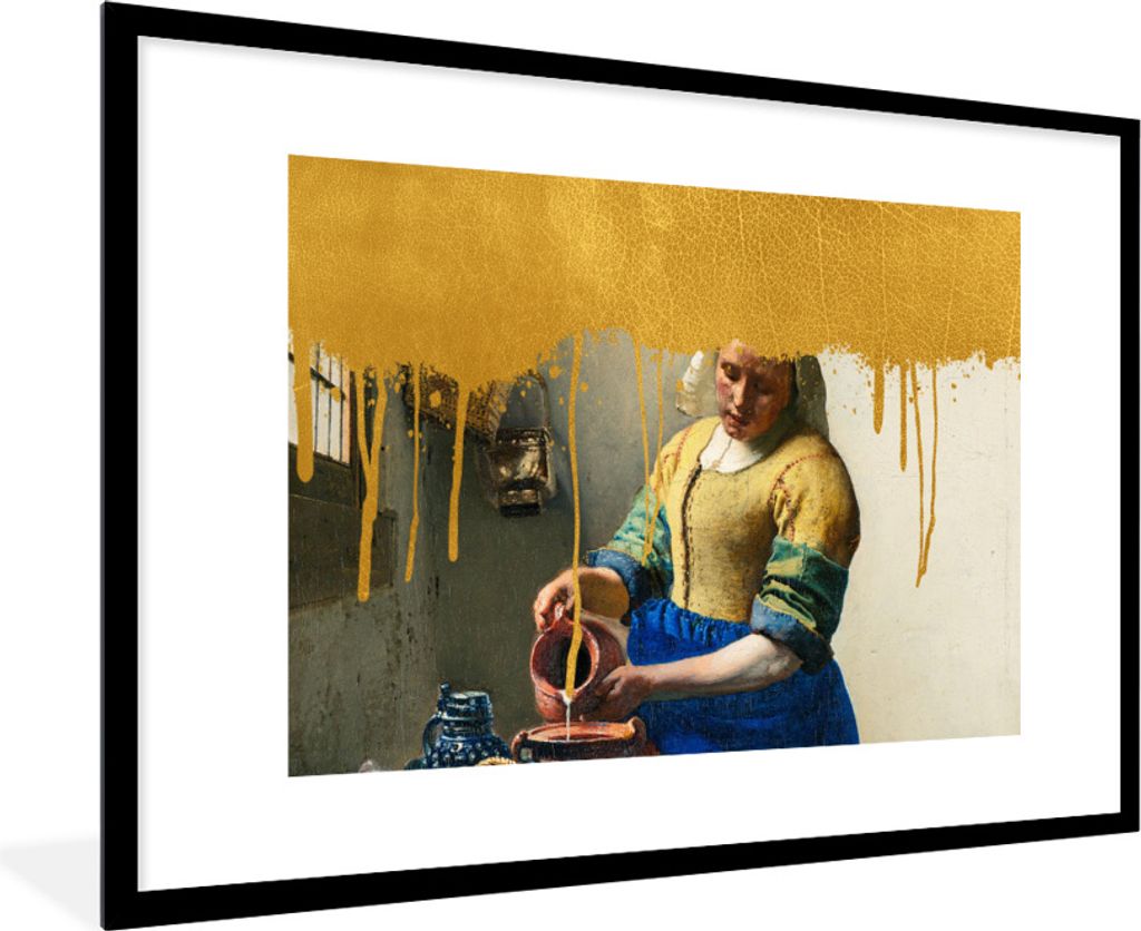 MuchoWow Gerahmtes Poster Milchmädchen - Gold - Vermeer 90x60 cm - Poster mit Schwarzem Bilderrahmen Wandposter Rahmen Foto Bilder - Wanddekorat...