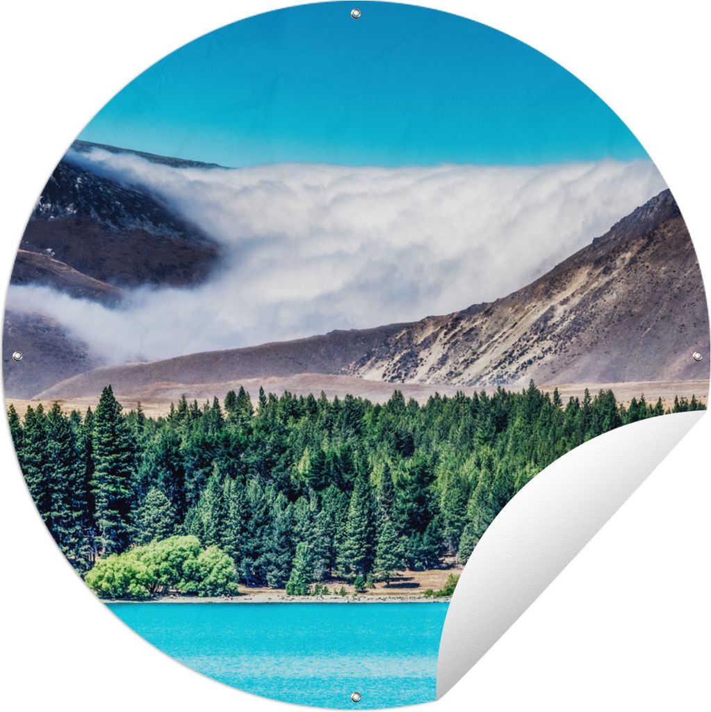 MuchoWow Gartenposter Outdoor-Poster Rund Berge - Nebel - Neuseeland Ø 90 cm Gartendeko Rundes Poster draußen