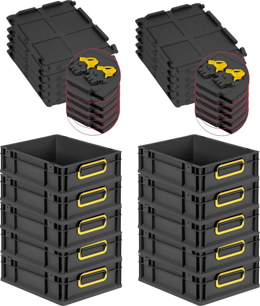 SuperSparSet 10x Eurobox NextGen Color mit Scharnierdeckel und Schiebeschnappverschlüssen | HxBxT 12x30x40cm | 11 Liter | Schwarz | Griffe gelb ge...