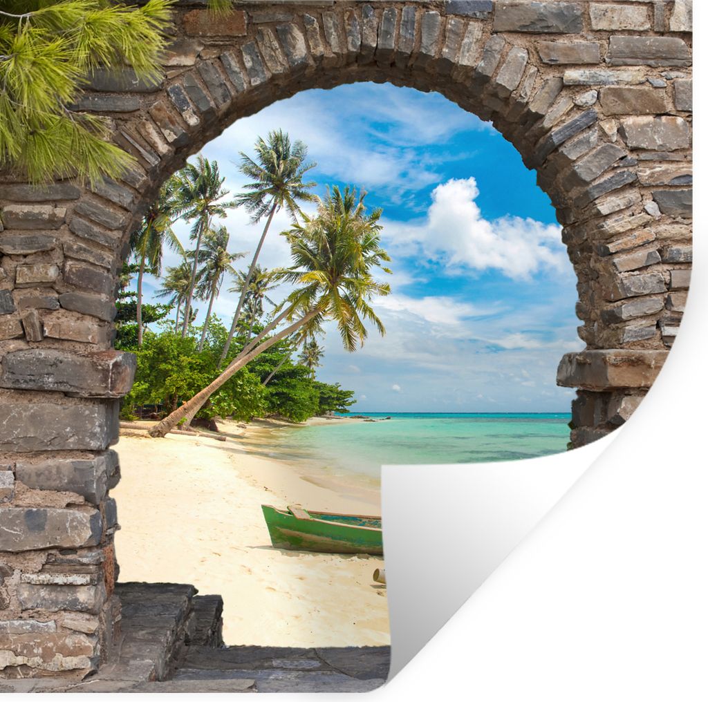 MuchoWow Wandtattoo Wandsticker Wandaufkleber Strand - Palme - Blick - Meer - Kanu 30x30 cm Selbstklebend und Repositionierbar - Repositionierbar...