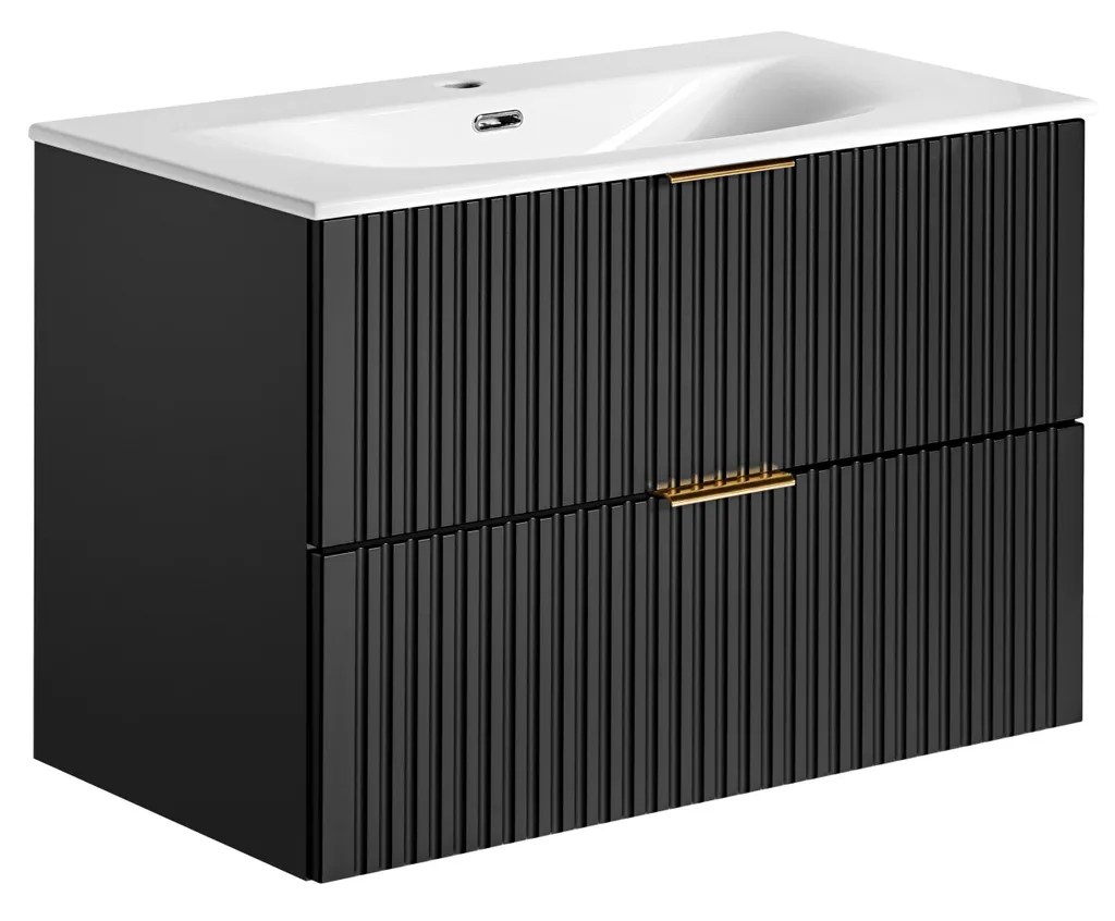Armoire de Salle de Bain Noire 80 cm avec Vasque Céramique et Siphon