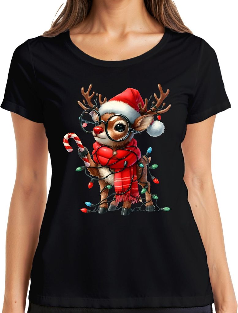 Weihnachtsrentier Rudolph Brille Zuckerstange Kawaii Geschenk Damen T-Shirt, Schwarz, M