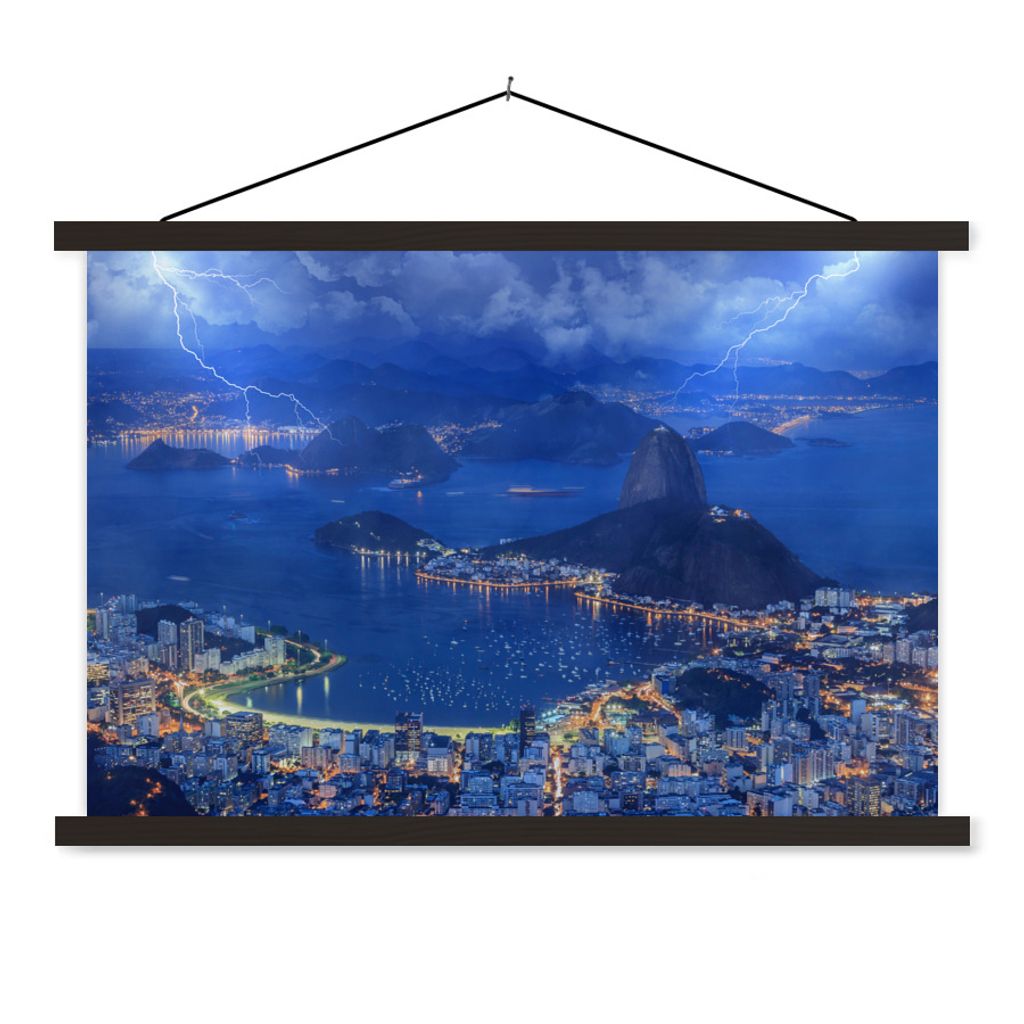 MuchoWow Textilposter Sturm - Rio de Janeiro - Nacht 90x60 cm mit schwarzem Rahmen - Aufhängungssatz