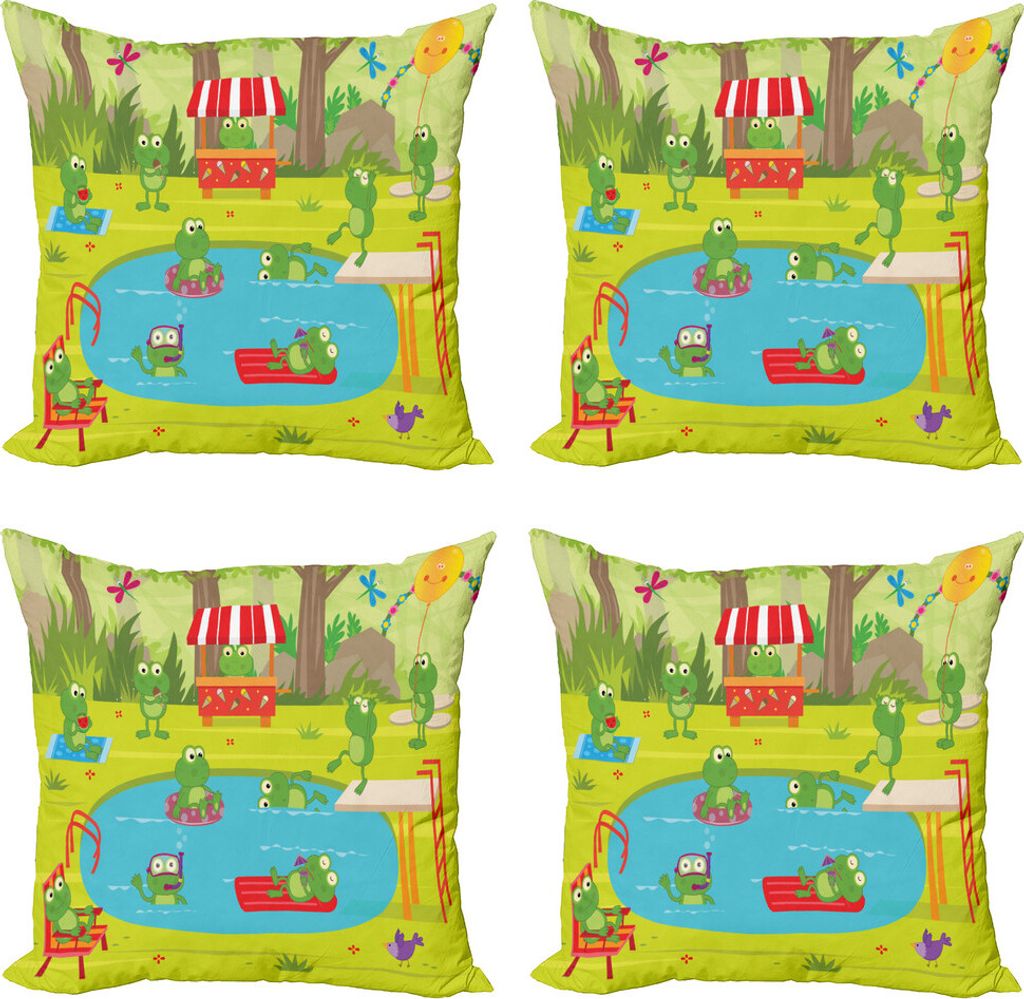 ABAKUHAUS Frösche Kissenbezug Set (4 Stück), Tier-Pool-Party Fun Forest, Moderner Doppelseitiger Digitaldruck, 40 cm x 40 cm, Mehrfarbig